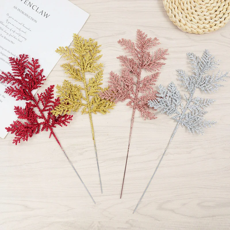 

5pcs Glitter Pine Christmas Leaves Decoration Xmas Tree Hanging Ornament New Year Wedding Home Decor DIY Wreath Artificial Plant
