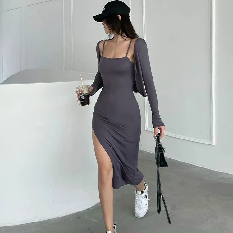 

Spaghetti Strap Dresses and cardigan for Women Summer Sexy Sleeveless Split Sheath Dress Solid Color Bodycon Dress SS039