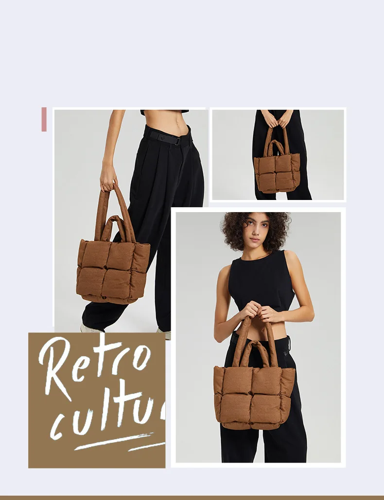 Warm winter denim puffer bag side and strap detail