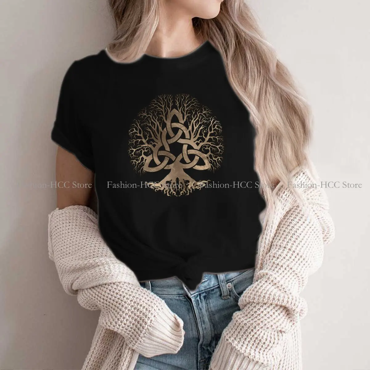 

Yggdrasil Pattern Polyester TShirt for Women Tree Of Life Yggdrasil With Triquetra Humor Leisure Tee T Shirt New Design