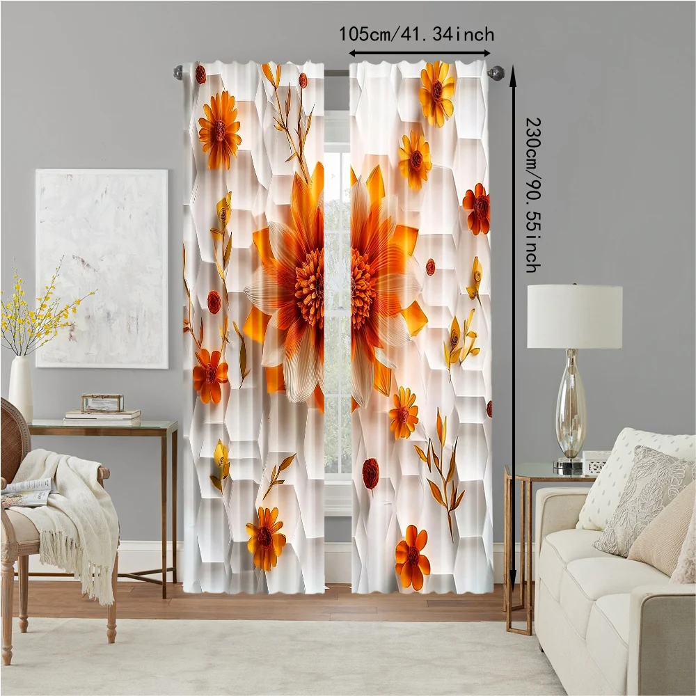 2Pcs Glam Style Curtain Panels Orange Red Floral Print With Hexagon Background Machine Washable Polyester Decorative Drapes_ai2 4