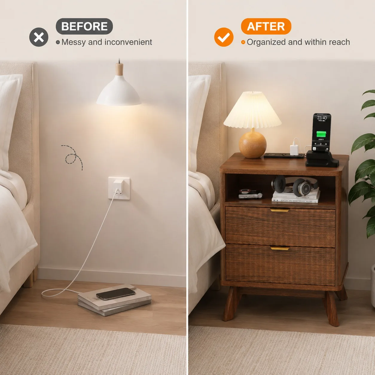 Walnut Nightstand with Drawer and Open Shelf USB Charging Station Bedside Table with AC Outlets Fluted Wood Side Table Storage Cabinet for Bedroom Living Room Sofa 2 Walnut Nightstand with Drawer and Open Shelf USB Charging Station Bedside Table with AC Outlets Fluted Wood Side Table Storage Cabinet for Bedroom Living Room Sofa 2