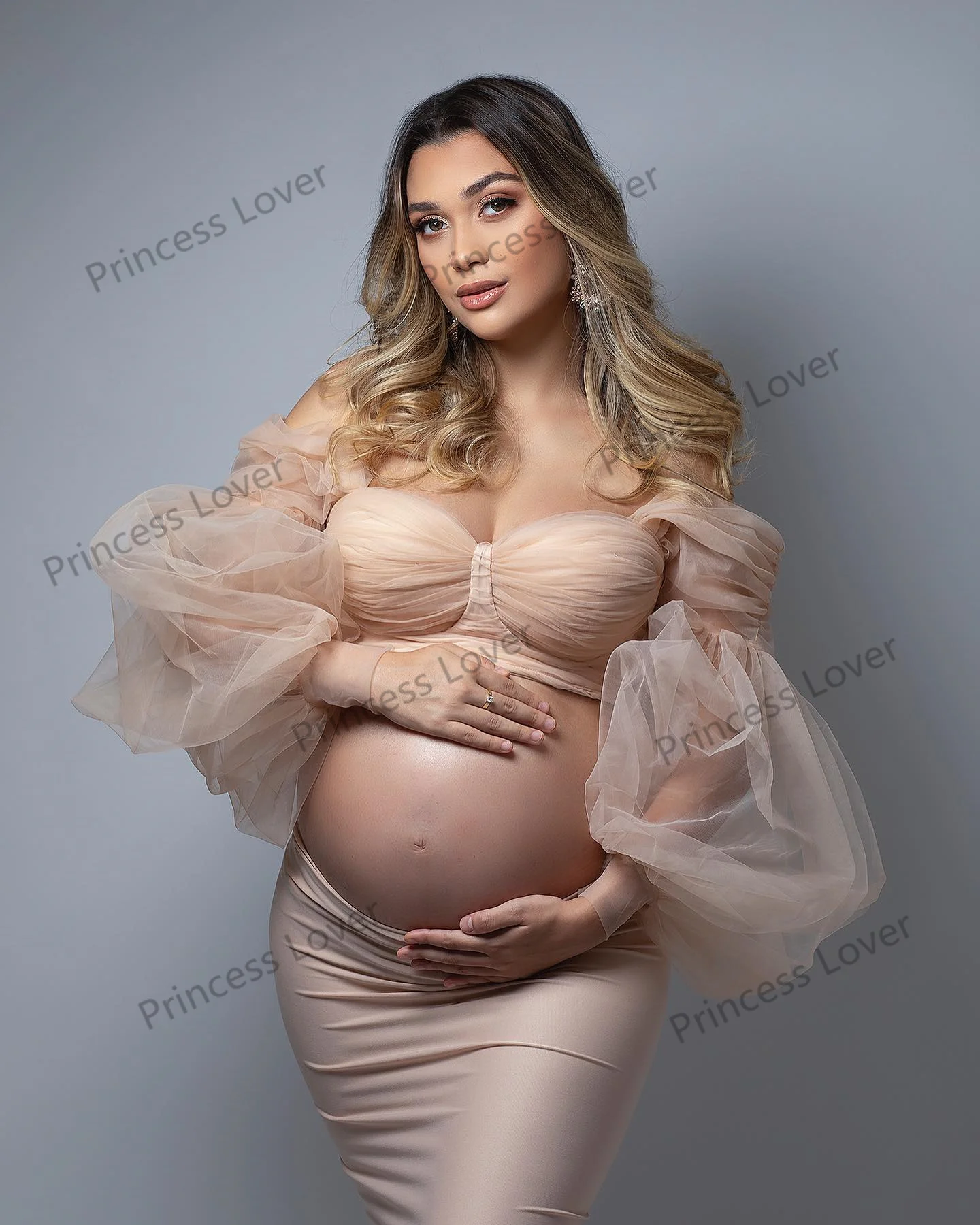 2 Pcs Pregnant Women Prom Dresses Long Sleeves Tulle Pleat Tube Top Maternity Photography Dressing Gown Skirt Baby Shower Dress