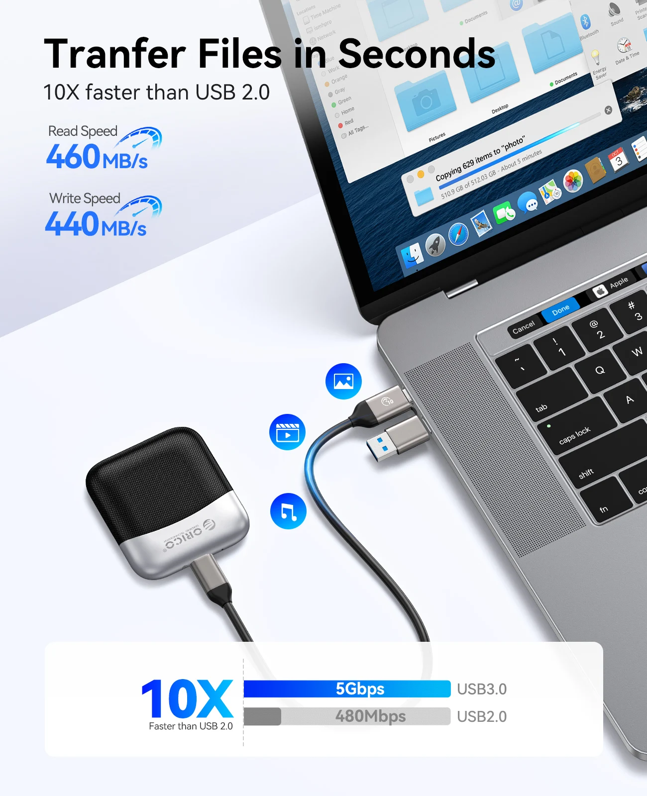 ORICO 2.5인치 외장형 솔리드 스테이트 드라이브 5Gbps USB 3.2 Gen1 Type-C 휴대용 SSD (화웨이 노트북 PC용)
