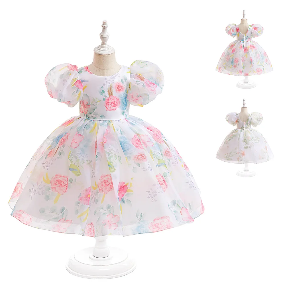 

New Girls' Dress European and American Bubble Sleeves Princess Dress Children's Fragmented Mesh Fluffy Dress Dress
