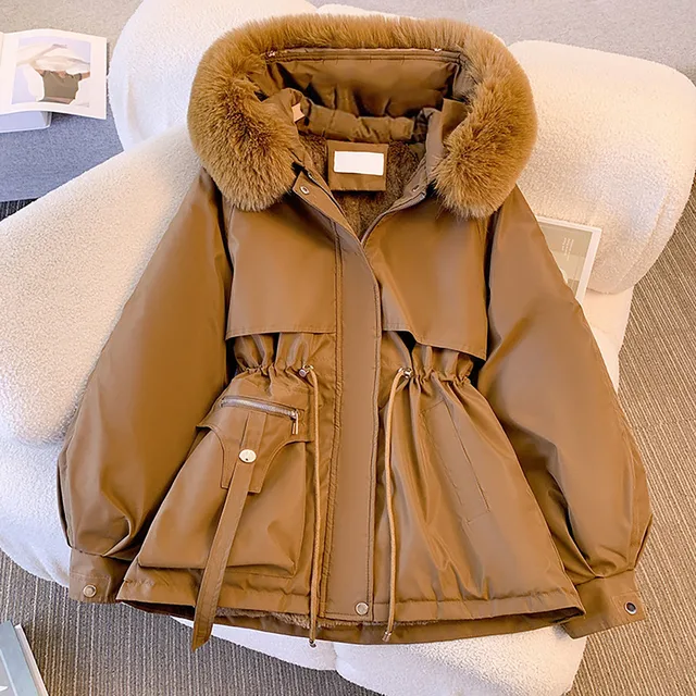 Women Winter Fleece Lined Zip Hooded Jackets Winter Elegant Drawstring Slim Outwears Coat With Faux Fur Collar Plus Size Parkas 4