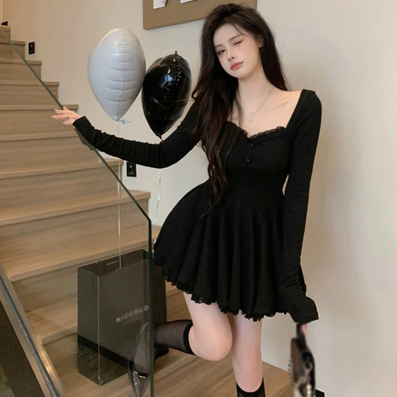 Korean-Dress-Short-French-Style-Long-Sleeve-Collarbone-Exposed-Square ...