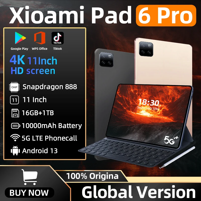 2024 글로벌 버전 오리지널 태블릿 PC, 안드로이드 13 패드 6 프로, 스냅드래곤 888 RAM 16GB + ROM, 1TB 5G 듀얼 SIM 카드, 10000mAh HD 4K 탭