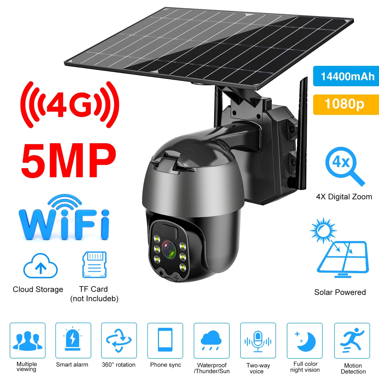 5mp Solar Surveillance Cameras Rechargeable 4g Wifi Ptz Video