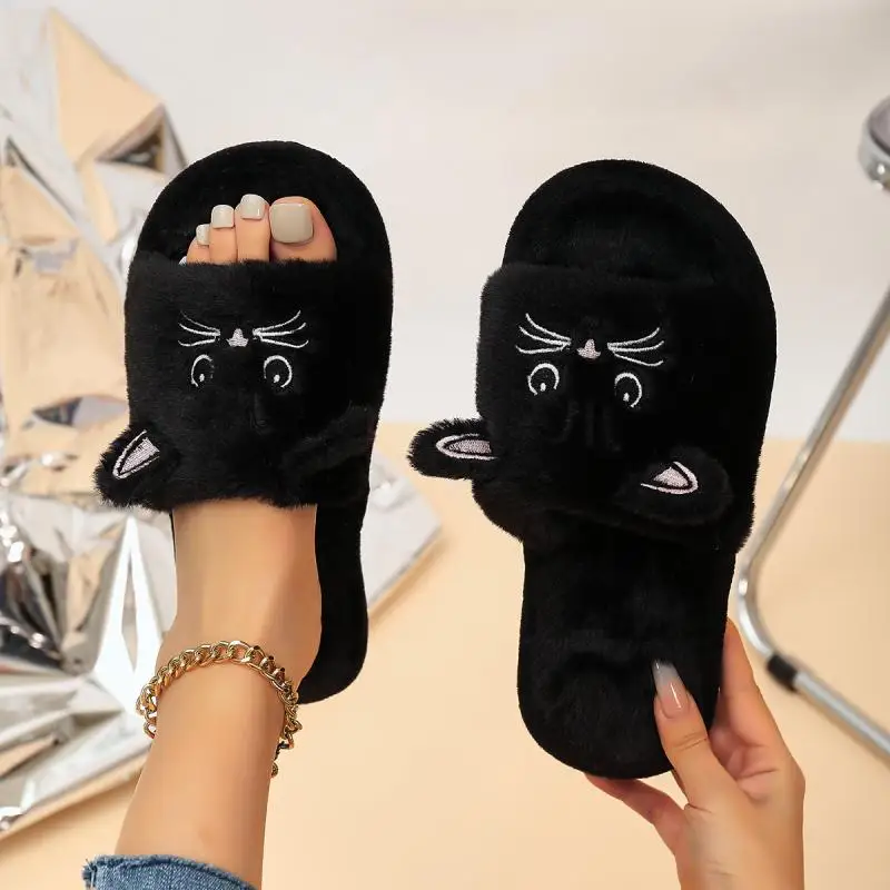 Zapatillas mullidas informales para mujer, zapatos planos de casa con dibujos de gatos, zapatos de diseñador de lujo para niñas, calzado elegante de moda para interiores de otoño, talla grande