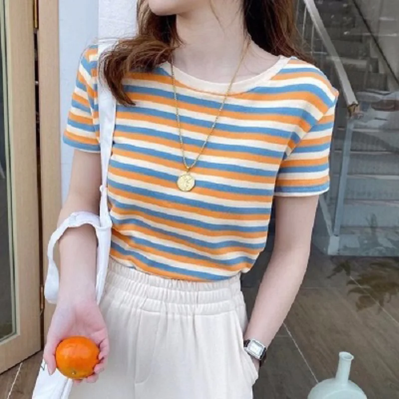 Women Striped Short Sleeve Slim Fit Tshirts