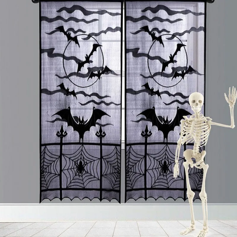 Bat Spider Halloween Curtain Black Lace Spider Door Curtain Home Festival Decoration Halloween Bat Curtain Party Decoration