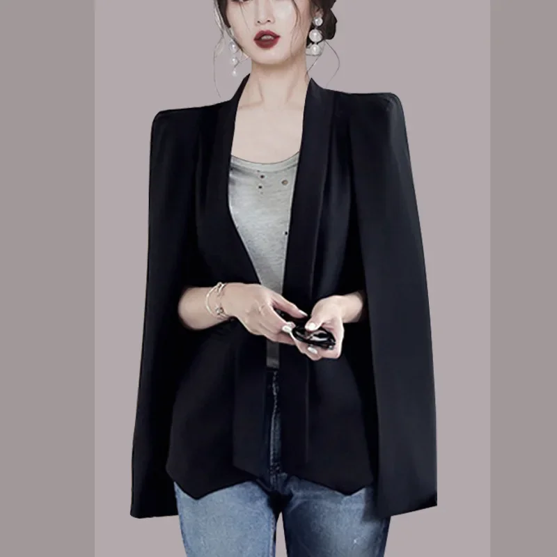 

New Fashion Spring Black White Long Sleeve Cape Coat Women Lapel Split Cloak Jacket Suits Womens OL Office Workwear Gifts