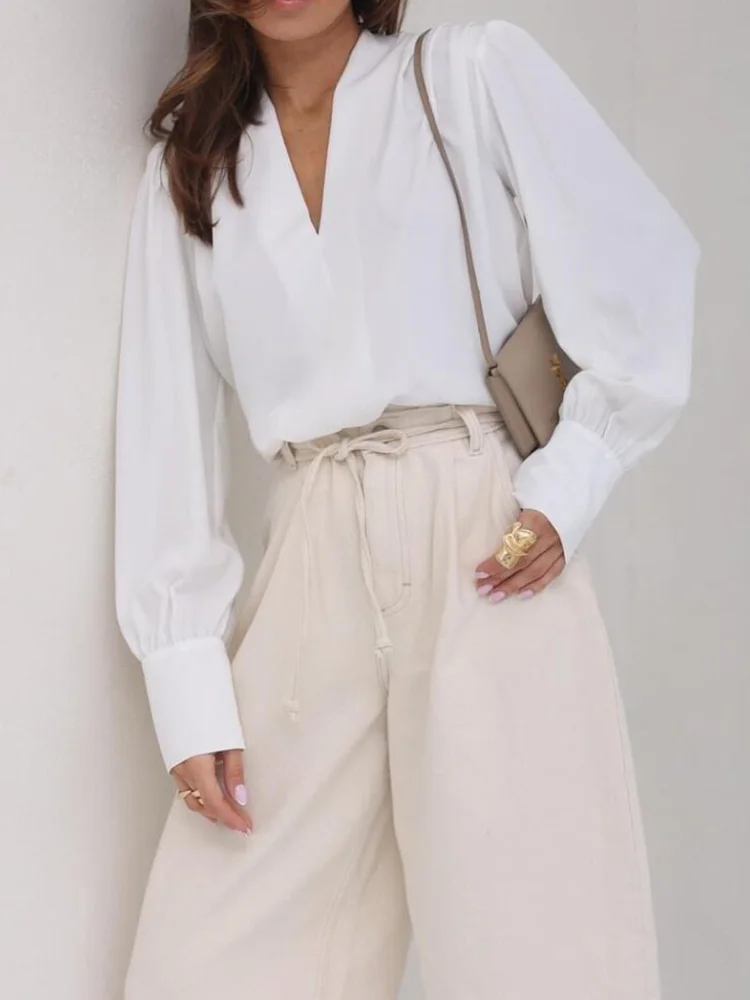 Abigail® | V-neck pullover solid color loose long-sleeved top main image 0