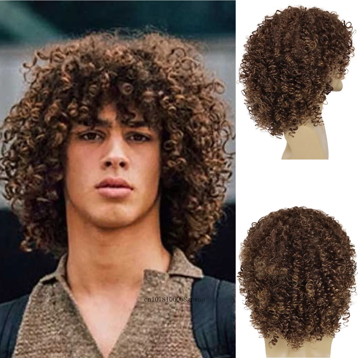 

Afro Kinky Curly Wigs for Man Synthetic Brown Wig with Bangs Natural Fluffy Elastic High Temperature Afro Wigs Men Daily Cosplay