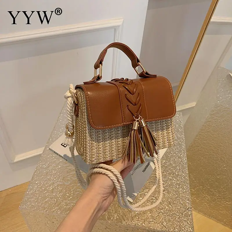 

Straw Splicing PU Leather Flap Handbag with Tassel Square Woven Box Rattan Women's Crossbody Messenger Bag Top Handle Tote Bag