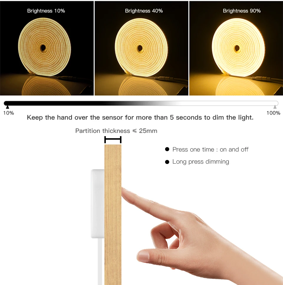 Description Picture 4 of item5V USB LED Neon Strip Lights 120LEDs/M Waterproof Penetrating Wood 25MM LED Under Cabinet Light Touch Control Switch Dimmable