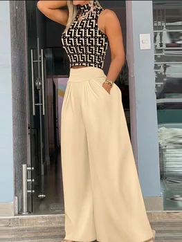 2025 Summer Fashion Printing Two Piece Set Women Casual Solid Sleeveless Tank Top Wide Leg Pants Two Piece Set Women 1