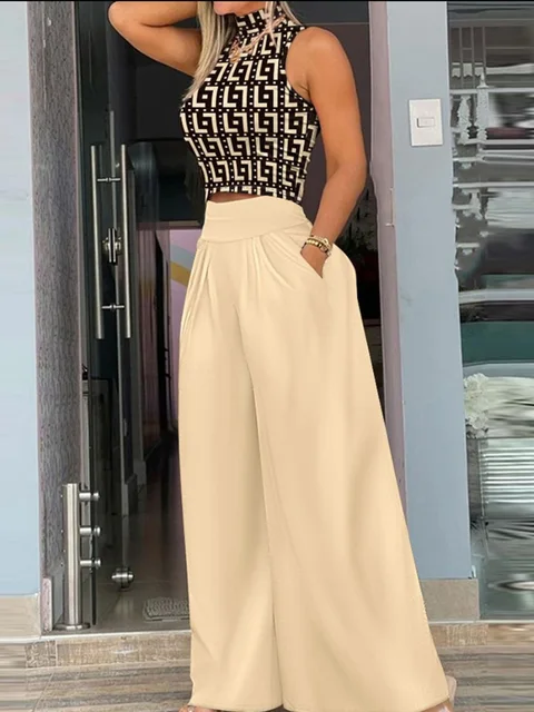 2025 Summer Fashion Printing Two Piece Set Women Casual Solid Sleeveless Tank Top Wide Leg Pants Two Piece Set Women 1