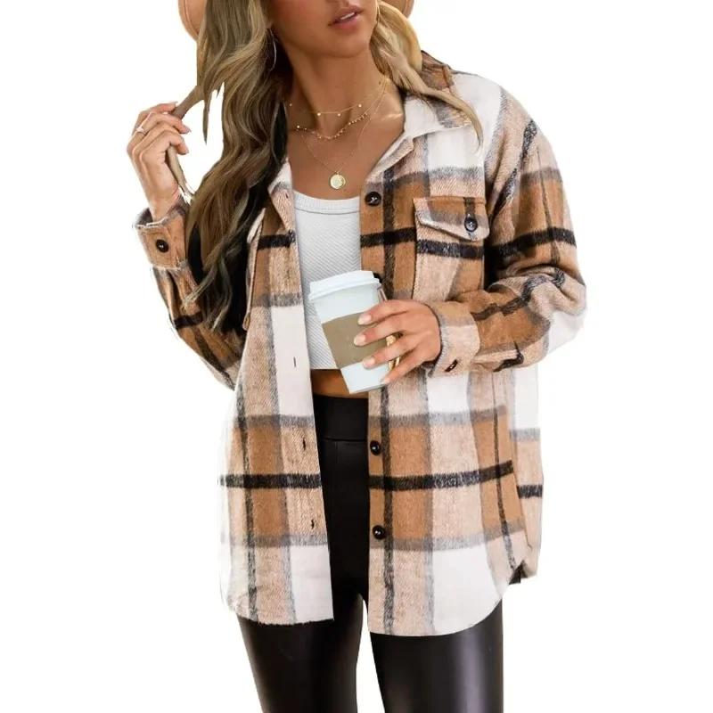 Women Shirt Casual Plaid Shacket Button Down Long Sleeve Shirt Womens Tops