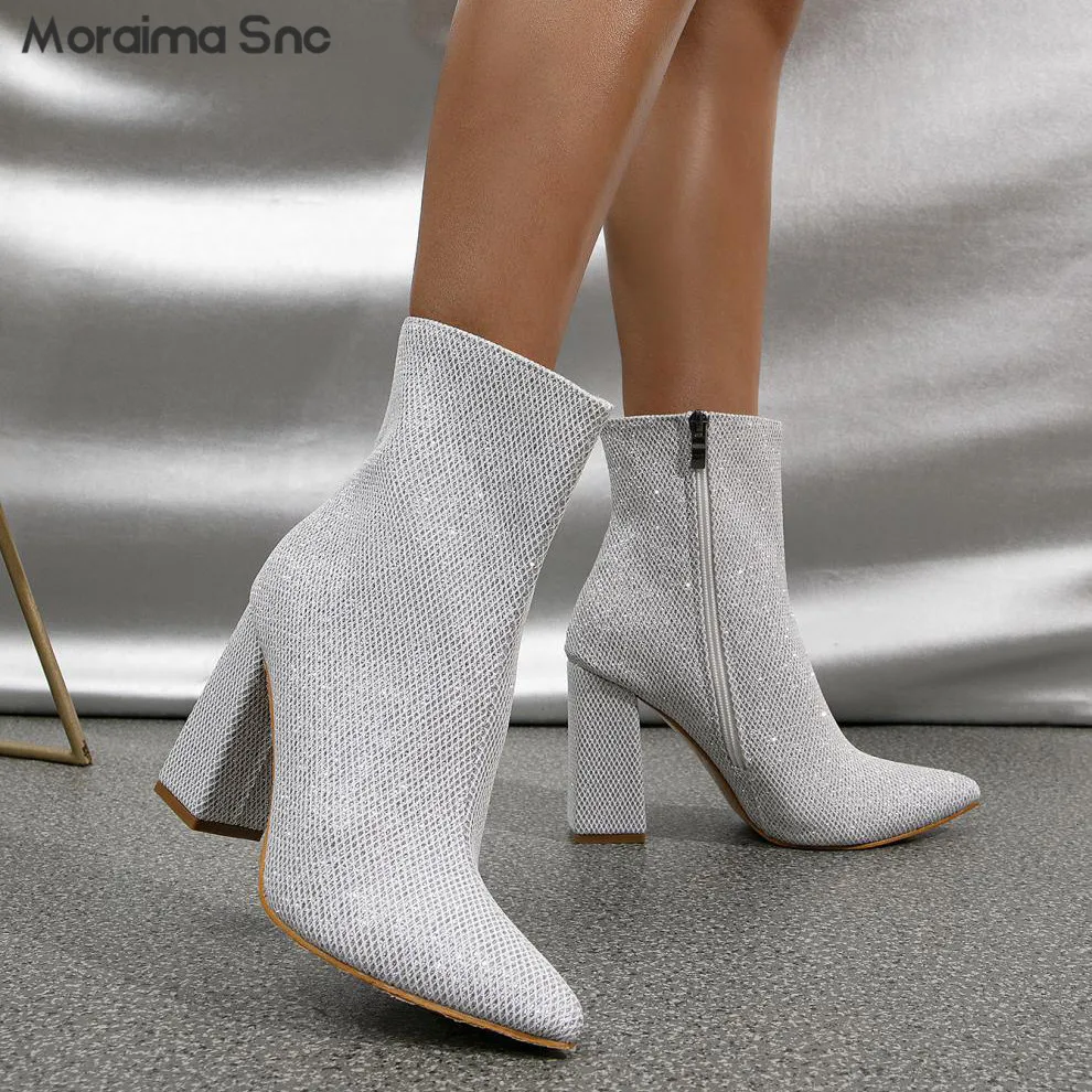 Silver Pointed Toe High Heel Ankle Boots Fashion Chunky Heel Ankle Boots Plus Size Fashion Side Zipper Rider Boots Women's Boots