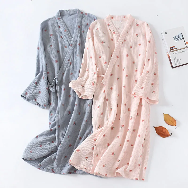 Japanese Kimono Pajama For Women Printed Cotton Crepe Female Home Nightdress Spring Summer New Cardigan Half Sleeved Nightgown spring summer new lovely floral nightdress women cotton long sleeve princess wind nightgown