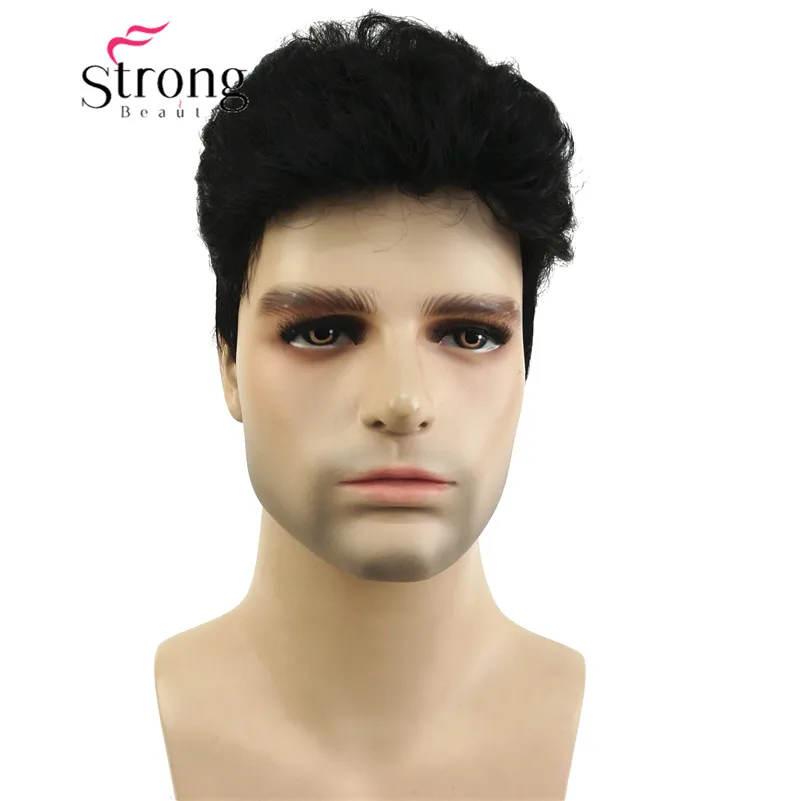 남성용 StrongBeauty 블랙 브라운 가발 남성용 짧은 자연 웨이브 합성 머리 가발