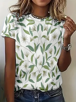 Women's Tee - Green Leaf & Floral Pattern Graphic, Minimalist Nature Botanical Design for Casual Daily Wear 1