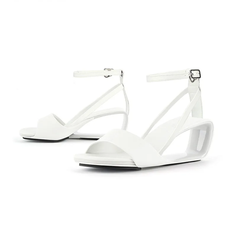 

Size 36 White Leather Summer Sandals Chic Ankle Strap Beach Slippers Fretwork High Heels Sandalias Femininos