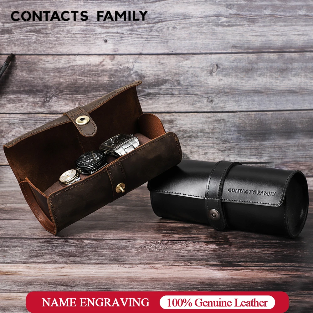 CONTACT'S FAMILY Genuine Leather Watch Roll Case Organizer 3 Slots Watch Travel Portable Holder For Men Women Vintage Gift Box watch storage box