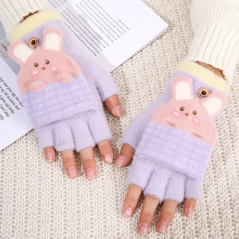 3-12 Years Kids Boys Girls Homework Winter Gloves Cute Rabbit Ear Half Finger Flip Cover Knitted Cold-Proof Mittens