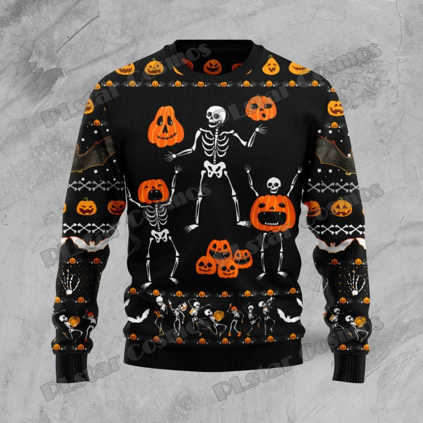 

PLstar Cosmos Skeleton Pumpkin Halloween 3D Printed Mens Ugly Christmas Sweater Winter Unisex Casual Knit Pullover Sweater ZZM30