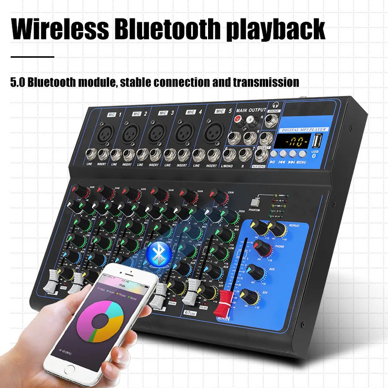 F4F7 오디오 믹서 - USB MP3, +48V 팬텀 파워, DJ, 노래, 회의용 3밴드 EQ 기능을 갖춘 4채널 믹서