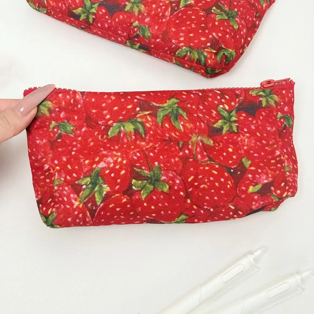 빈티지 레드 딸기 프린트 연필 케이스 대용량 휴대용 연필 파우치 문구 정리함 선물