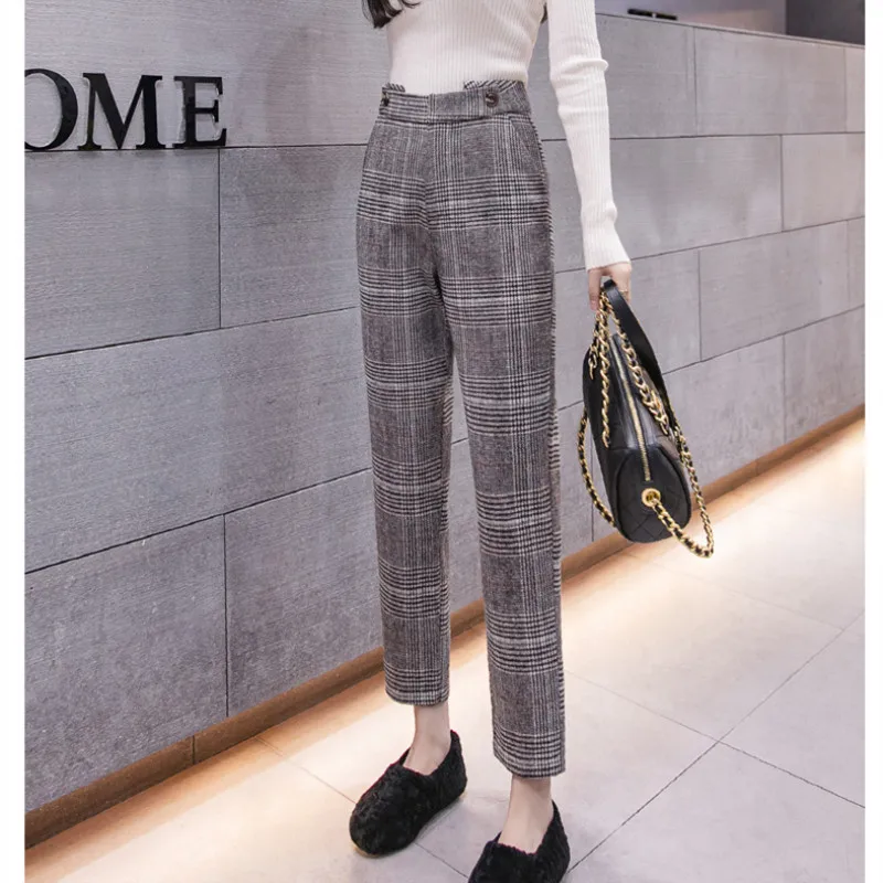 

Women Plaid Printed Woolen Harem Pants 2022 Autumn Loose Vintage Pant Y2K Clothes Korean Harajuku Trousers Ropa Mujer D5421