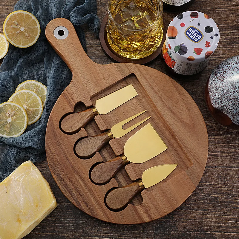 Cross border Wooden Board Steak Cutting Board Wooden Cheese Cheese Board Set with Stainless Steel Cheese Knife 4-piece Set