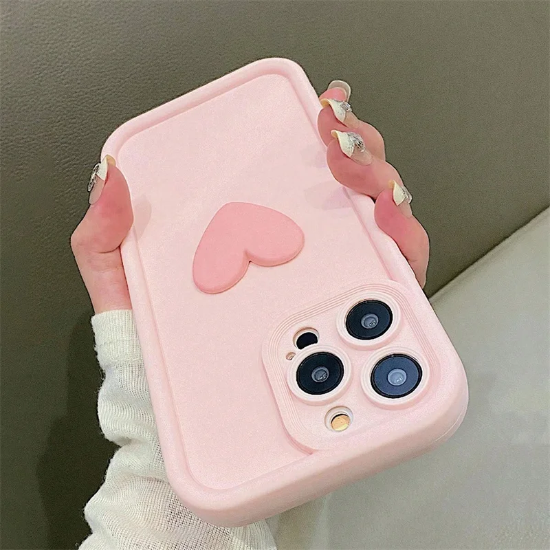 Charming 3D Love Heart Pink Silicone Phone Case with Air Matte Finish