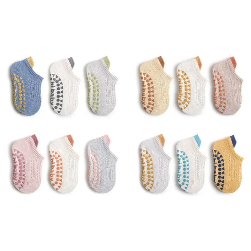 3 Pairs New Baby Children's Floor Socks Mesh Thin Boys and Girls Non-slip and Cool Toddler Short Boat Socks