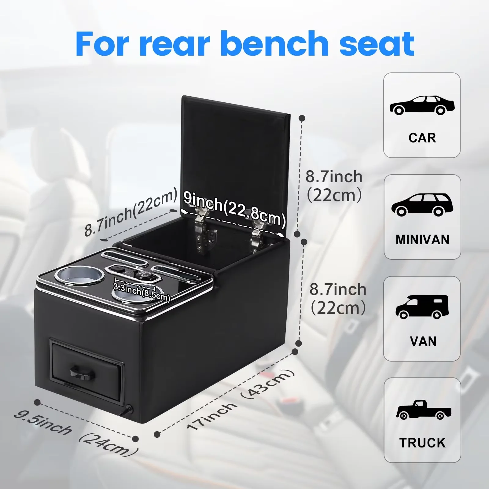 Donpida Organizer per Console Centrale, bracciolo portaoggetti con portabicchieri e Supporto per Telefono, per Auto, furgoni e Camion, Sedile Posteriore della Cabina Posteriore, Nero