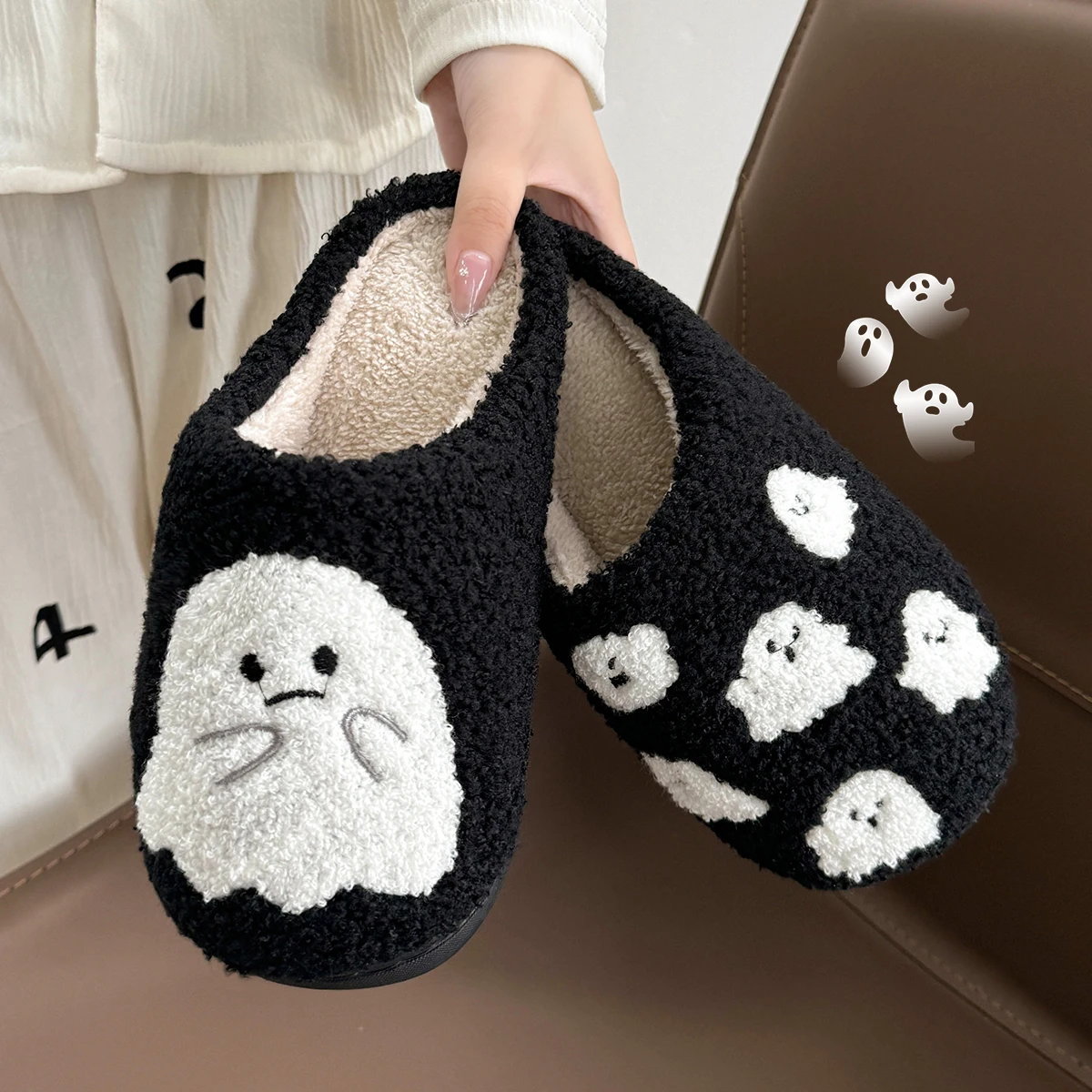 QYCKABY Ghost Design Black Cotton Slippers Non-slip Thick Sole Lightweight stuffed Slippers Unisex Holiday Gift Official-website 2