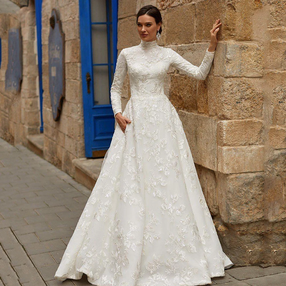 High Neck Full Sleeves Sequined Lace Applique Button Back Muslim Wedding  Dress | eBay