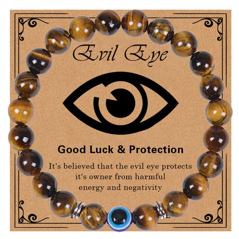 

10PCS Turkish Blue Evil Eye 8mm Tiger Eye Beads Handmade Elasticity Bracelet for Men Women Yoga Reiki Jewelry