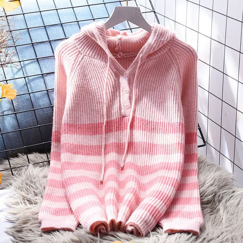 

Net Red Hooded Lace Up Loose Pullover Sweater 2023 New Autumn/Winter Japanese Stripe Age Reducing Slim Knit Top