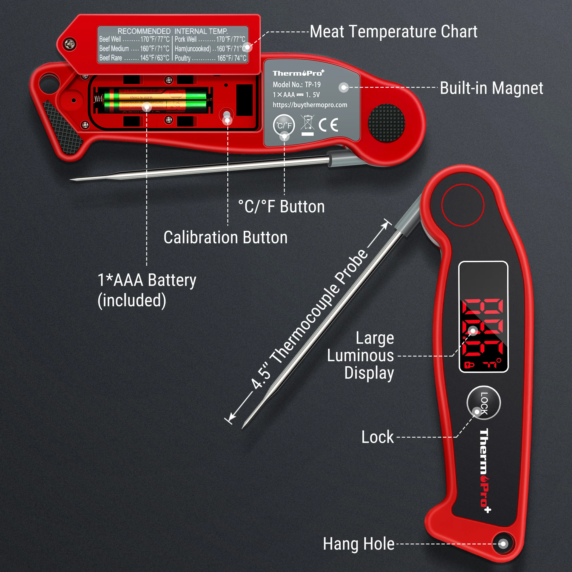 ThermoPro TP19 Fast Reading Waterproof LED Display Antimicrobial Meat Thermometer Digital BBQ Thermometer With Backlight 6