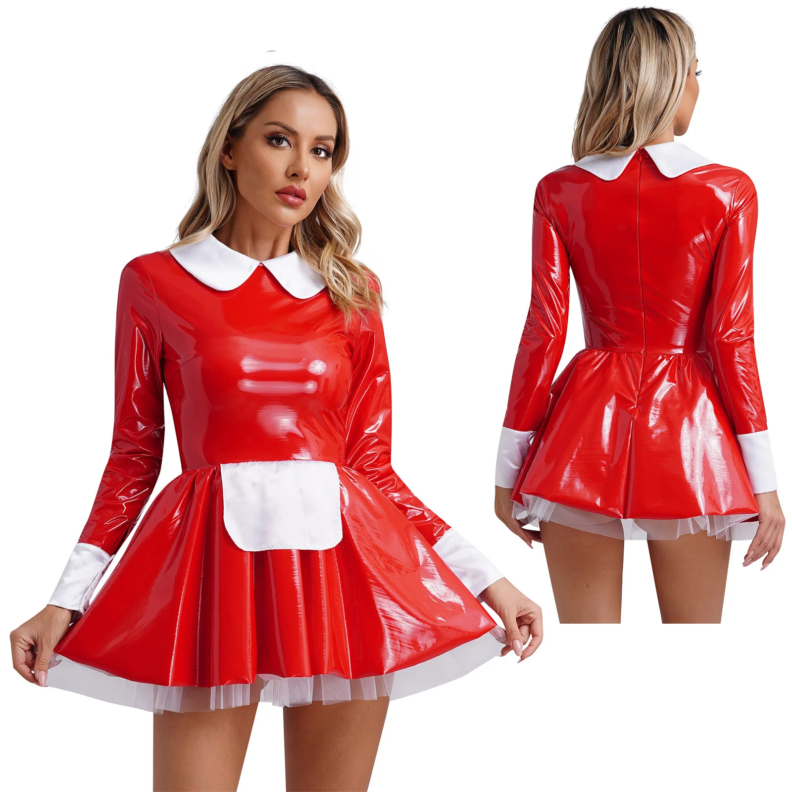 thumbnail image 1 of Uniforme de sirvienta traviesa para mujer, ropa para discoteca, vestido de Cosplay de sirvienta de charol brillante, adornos con volantes, delantal con lazo, vestido acampanado con mangas abullonadas, 1 of 5