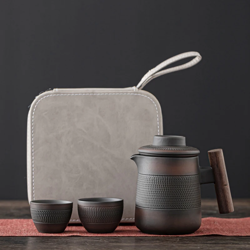 High end Purple Pottery Retro Tea Set Outdoor Travel Tea Set Portable Kungfu Tea Teapot Small Package Birthday Gift