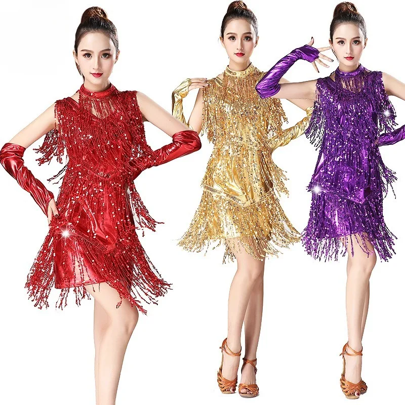 

New international Latin dance tassel flowing skirt sleeveless sequin performance suit, cha cha dance