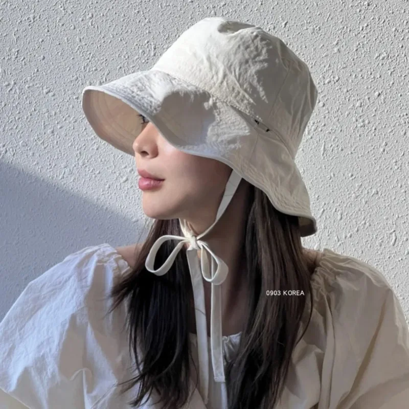 Stylish Women's Lace-up Fisherman Hat Lady Fisherman Hat Wide Brim Sun Wide Brim Windproof Strap Anti-uv Sunshade Summer Cap