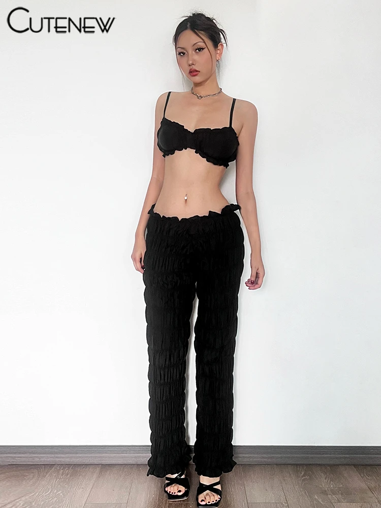 Shirring Trim Women 2 Piece Summer Unique Fashion Solid Crop Camisoles+Elastic Waist Pants Female Matching Sexy Clubwear