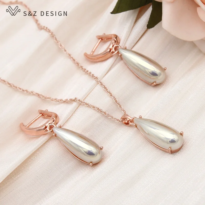 S&Z DESIGN New Fashion Water Drop Simulated-pearl Dangle Earrings Jewelry Sets For Women Wedding 585 Rose Gold Color Necklace